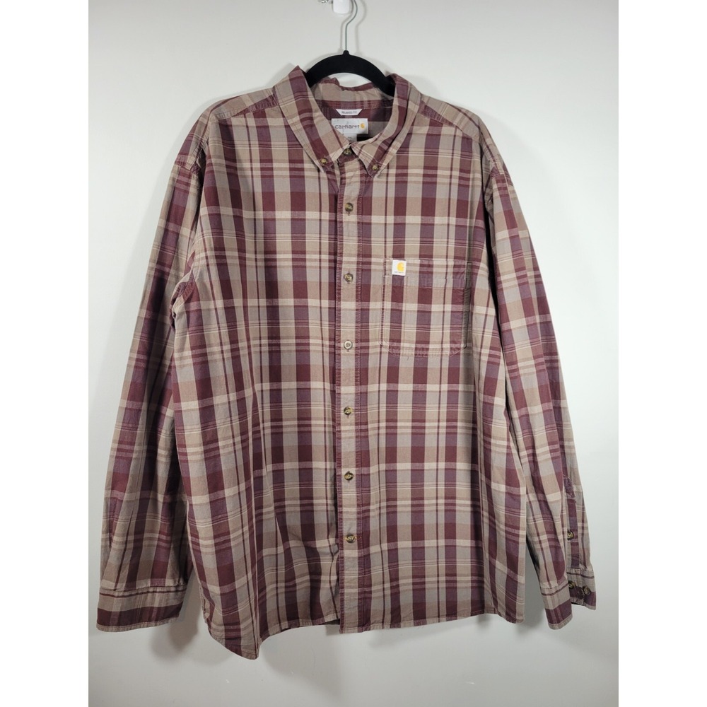 Carhartt Burgandy Tan Plaid Long Sleeve Button Up Shirt 2XL
